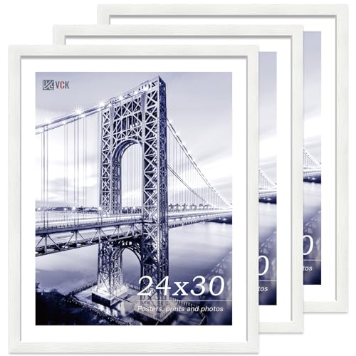 Image of VCK 24x30 Poster Frame Solid Wood White 3 Pack Picture Frames 24 x 30 Inches with Wall Mounting Hanging
