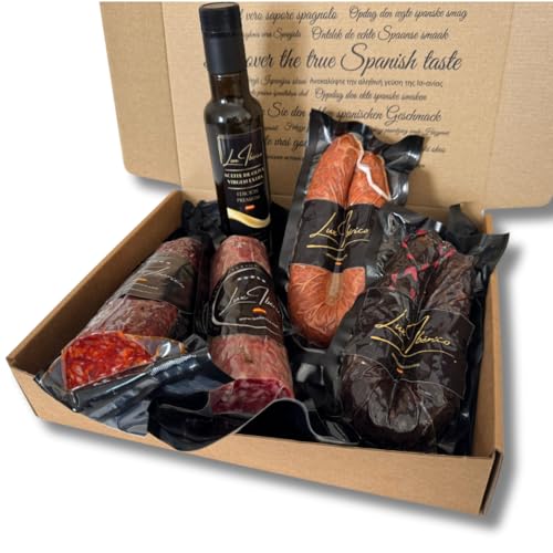 LUX IBÉRICO - Cesta Gourmet 'Regina' – Lote Embutidos Ibéricos - Regalo Original - Aceite Virgen Extra 250ml - Gourmet Box. (Salchichón, Chorizo, Aceite, Patatera Dulce, Achorizada Picante)