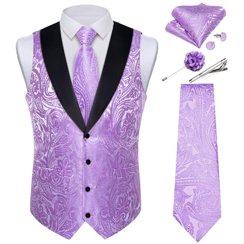 Image of DiBanGu Mens Paisley Suit Vest Silk Jacquard Waistcoat and Necktie Set Formal Shawl Collar Dress Vest 7PCS for Wedding Party