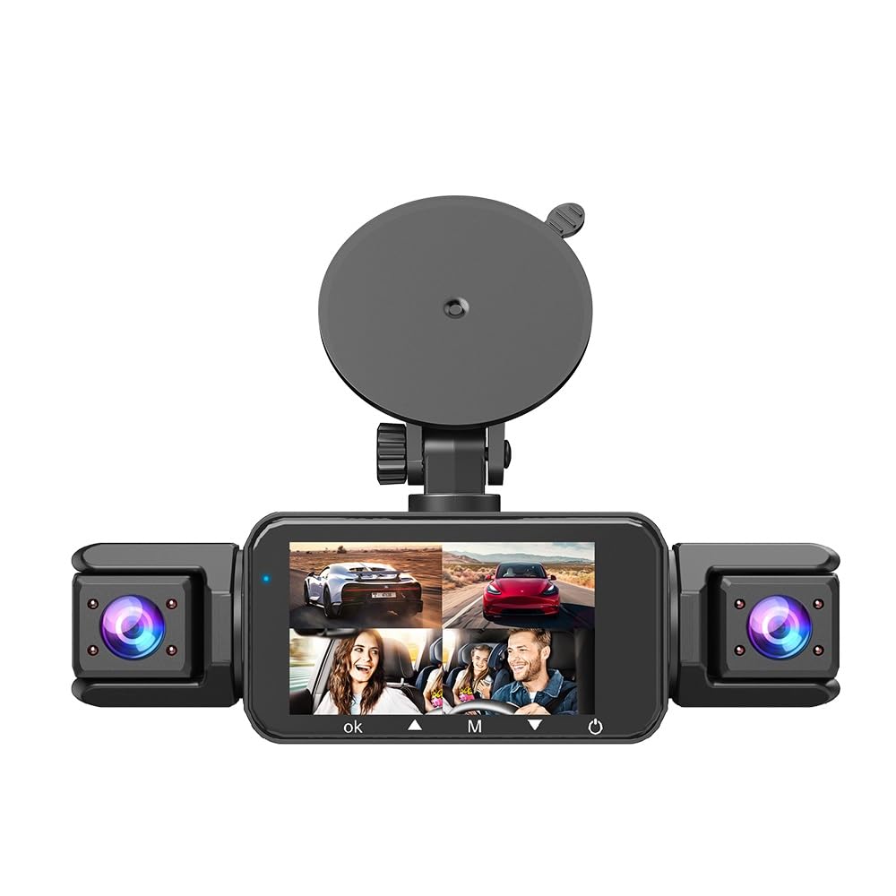 Dashcam 4 Caméras Enregistreur de Voiture - HD 1080P(Avant) 720P(Intérieur×2 & Arrière) sans WiFi 64GB Carte Mémoire, Écran IPS 3" Vision Nocturne (JLYJJS0101)