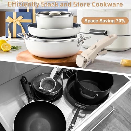 Image of Detachable Pot Handle for Cookware, Universal Removable Pan Grip, Heat Resistance Non-Slip Locking Handle with Oil Brush and Spatula Set for Home Uses(White)