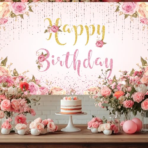 Image of Happy Birthday Banner Pink Birthday Party Backdrop for Women Girls birthday sign Courtyard Photography Background Indoor Outdoor 71 x 47 inches