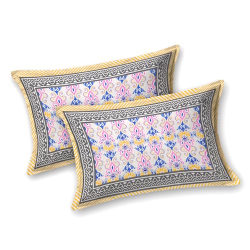 Image of RajasthaniKart Pure 100% Cotton 240 TC King Size BEDSHEET with 2 Pillow Cover - 90X108 (Suitable for King Size Bed Sheet or Double Bed, Yellow-Blue Flower) PSP134