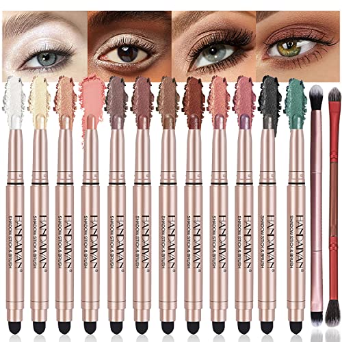 Kaynest 12Pcs Cream Eyeshadow Stick Set, Matte Shimmer Eye Shadow Beauty Wand With Cotton Brush Kit, Long Lasting Waterproof High Pigmented Smoky Eye Makeup Stick For Women, 2Pcs Makeup Brush Include #TOP18