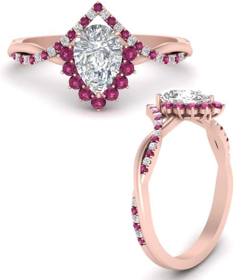 Choose Your Gemstone Pear Crown Halo Diamond CZ Ring Rose Gold Plated Pear Shape Halo Engagement Rings Ornaments Surprise for Wife Symbol of Love Clarity Comfortable US Size 4 to 12