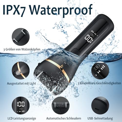 Elektrischer Fußraspel mit 3 Rollen, 16-in-1-Set, professionelles Pediküre-Set, Hornhautentfernung, 3 Geschwindigkeitsstufen, Fußraspel, wasserdicht, tragbar, 1200 mAh, wiederaufladbar (schwarz)