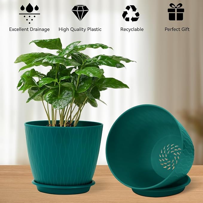 Image of StyleX Store Plastic Round Flower Pots With Drainage Hole Saucers | Durable Outdoor Indoor Wave Pattern Planters with Tray | Plant Container for Garden, Office, Balcony and Home (Set of 5, Blue Green)