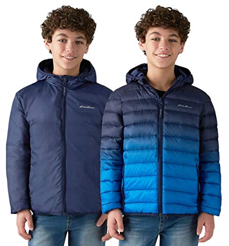 Eddie Bauer Boys Reversible Hooded Down Jacket (Blue Ombre/Peacoat, 14-16)