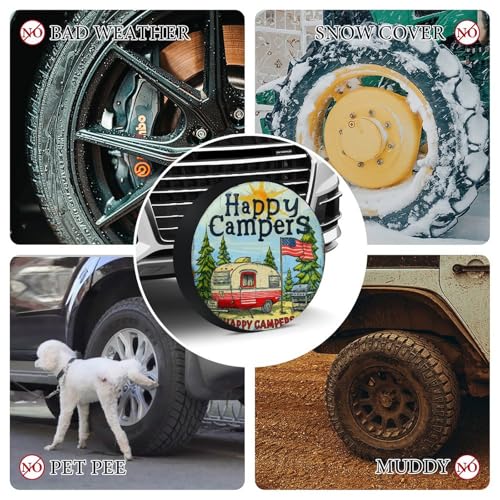 Image of Heavy Duty Spare Tire Cover Happy Campers Wheel Tire Cover Waterproof Sun Protection Camper Trailer Campfire Tire Cover Fit for SUV Truck Travel Trailer 18 Inch