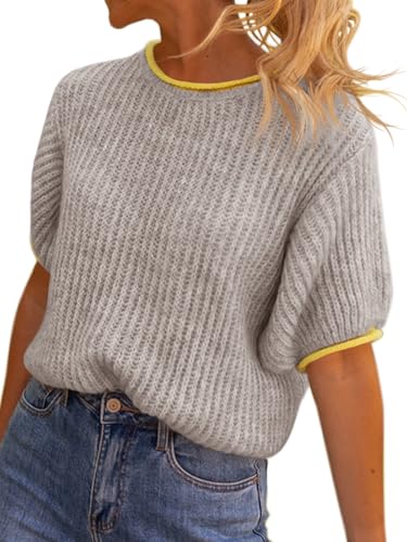 Image of Saodimallsu Womens Puff Short Sleeve Sweater Tops Spring Summer Color Block Ribbed Knit Crew Neck Going Out Shirts