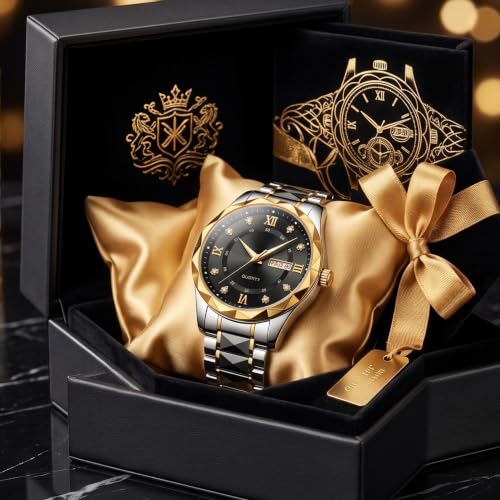 Image of GOLDENIZE FASHION Luxury Analog Roman Numeral Date Display Diamond Pattern Classics Stainless Steel Wrist Watch for Men