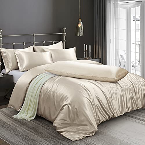 Image of Ersmak 6 Pieces Satin Duvet Cover California King Luxury Silky Bedding Duvet Cover Set with 1 Soft Duvet Cover, 4 King Pillowcases and 1 Body Pillowcase, Beige