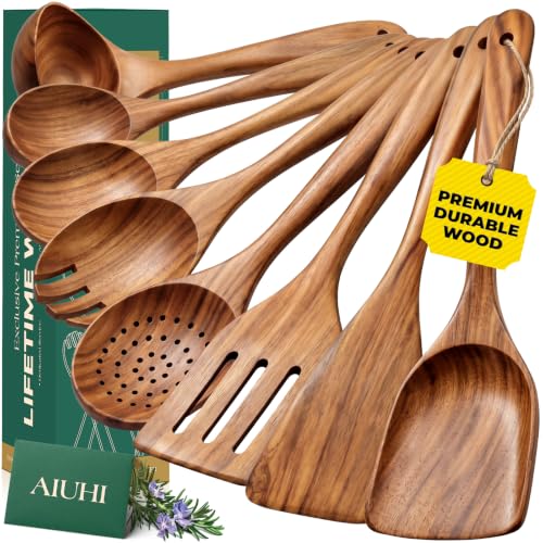 AIUHI Teak Wood 8-Piece Wooden Kitchen Utensils Set, Wooden Spoons for Cooking, Smooth Wood Spatula Set for Nonstick Cookware, Daily Cooking, Housewarming Gift