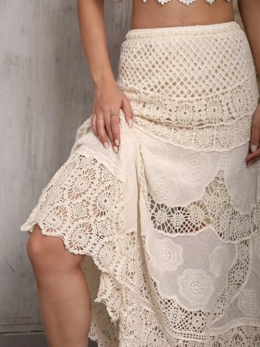 ChicVibes Women's High-Waisted Crochet Lace Maxi Skirt with Floral Cutout Design, A-Line Embroidered Skirt & Opaque Lining3