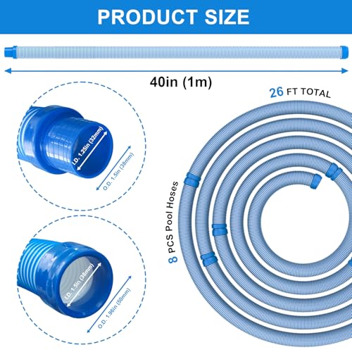 image for Poolvio Pool Vacuum Hose 26 Feet (8 x 40 Inch), 1.5 Inch Cuffs, Compat