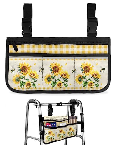 Sunflower Yellow Plaid Wheelchair Side Bag Walker Bag, Rustic Floral Checkered Wheelchair Accessories Armrest Pouch, Organizer Storage Bag for Walkers, Rollators, Scooters, 7.3''x13''