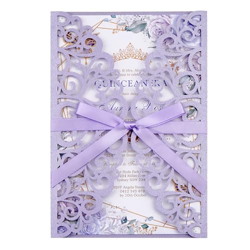 Mabbcoo 50PCS Wedding Invitation, Purple Hollow Laser Cut Custom Invitations