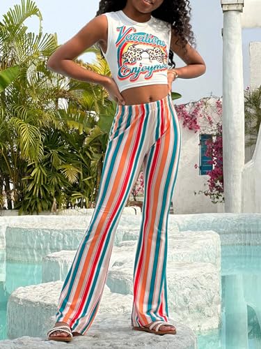 Image of Floerns Girl's Striped Print Tank Vest with Flared Leg Pants Set 2 Piece Outfits