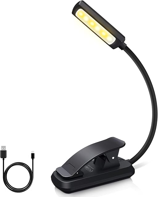 Suright 6 LEDs Book Light, USB Rechargeable Reading Light with 3 Eye Protection Brightness Modes (Warm & Cool White), 360° Flexible Clip on Book Lamp for Bed Tablet Music Stand Shelf Travel