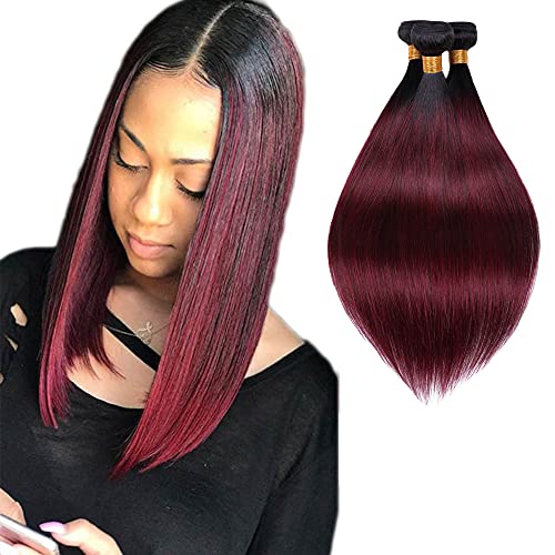 Freiuoke Red Human Hair bundles Straight Brailian Virgin Hair Remy Ombre Bundles 1B99J Burgundy Bundles Tow Tone 8A Ombre Hair Bundles （8 10 12 inches）