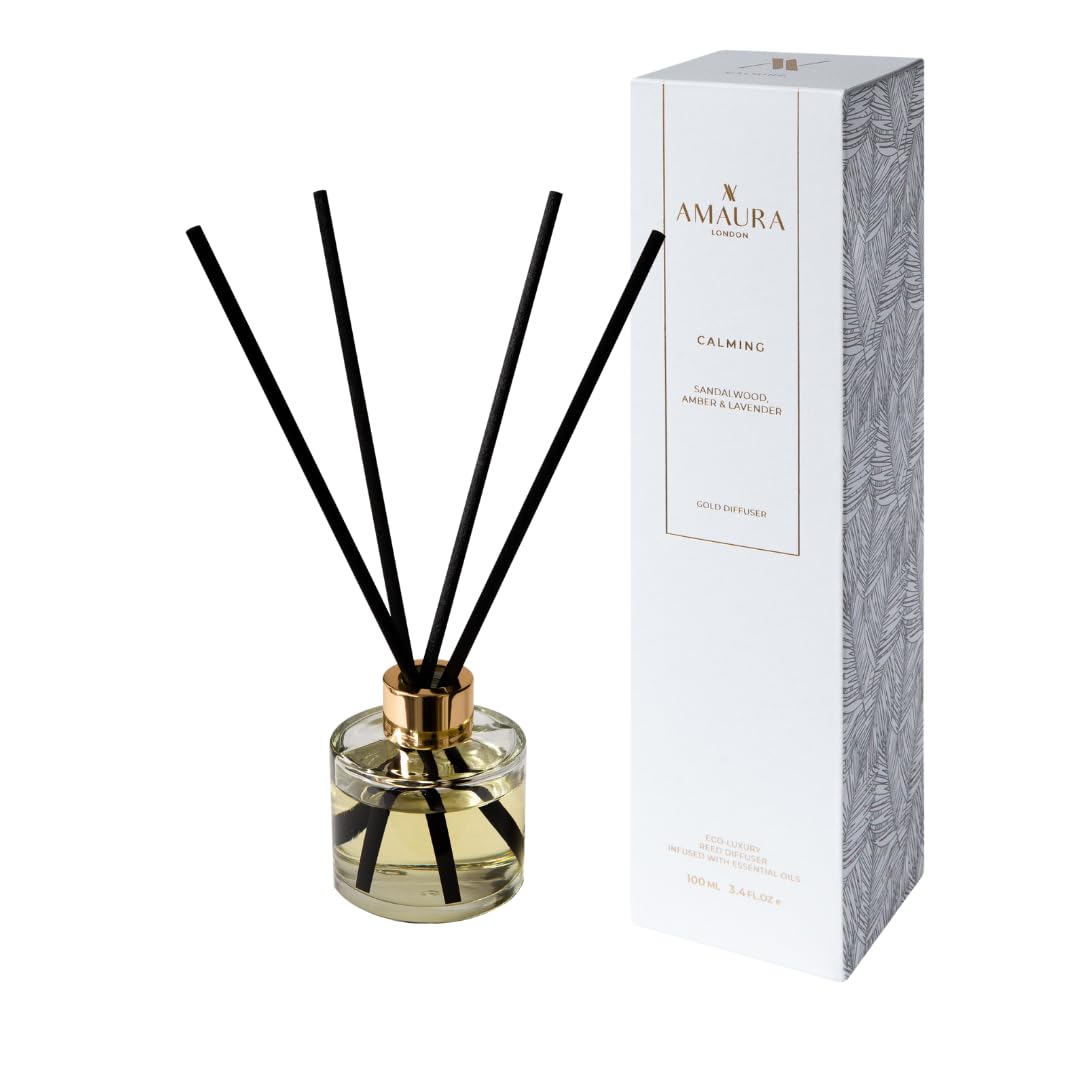 Amaura London Eco Luxury Reed Diffuser for Home - Home Fragrance Infused With Essential Oil Blends - Oil Diffusers Gift Idea - 100ml (Gold Cap, Calming | Lavender, Sandalwood & Dark Amber)