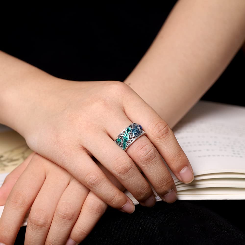 Anillo De Banda De Loto Azul 999 Sterling Silver Hollow out Fish Play with Lotus Dematy Ring para Hombres Amantes De Yoga De Yoga Ajustable