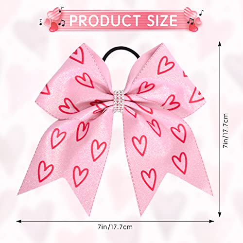 Whaline 3Pcs Valentine's Day Glitter Cheer Hair Bow Ponytail Holder Leather Ribbon Red Pink White Elastic Hair Ties Heart Prints Cheerleader Hair Ponytail Holders For Women Girls Hair Accessories #TOP1