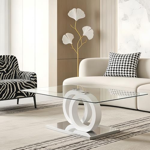 Glass Coffee Table for Living Room, White Modern Rectangular Center Table, 47” Living Room Table with Clear Tempered Glass Top with MDF OO Legs and Silver Metal Base (White, 47.2 inches)