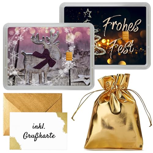 Goldstücke24 0,5 g Goldbarren 999,9 in Motivbox „Frohes Fest“ | ESG/Valcambi Gold | Echtheitsgarantie | Geschenk Weihnachten mit Wackelbild & goldenem Geschenkbeutel