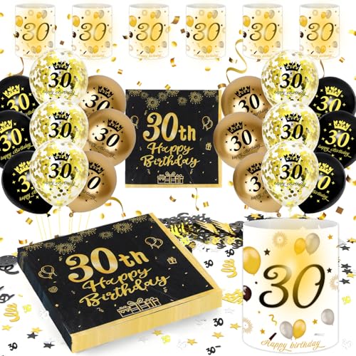 30 Aniversários homem mulher ornamentos, 30th Happy Birthday decoração pretos dourados balões guardanapo lanterna Confeti, presente e aniversário decoração mulher homem 30 anos (decoração mesa de 30