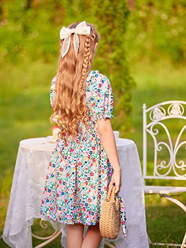 Labeca Girls Square Neck Ruffle Sleeve Floral Print Smocked Casual Dress Colorful Floral 150Y #TOP3
