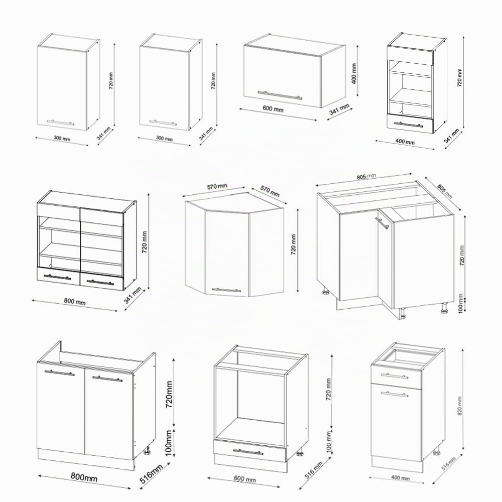 Vicco Eckküche Fame-Line, Anthrazit Hochglanz/Eiche, 190 x 160 cm | 10 Module · Höhenverstellbare Füße · Ohne Arbeitsplatte · MDF-Fronten · Softclose · Metallgriffe