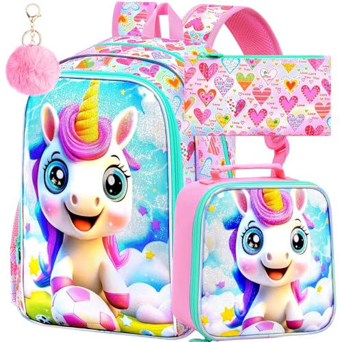 Image of 3Pcs Unicorn Backpack for Girls, 16 inch Soccer School Bookbag Set with Lunch Box,Kids Backpacks for Elementary Preschool Kindergarten (Pink)