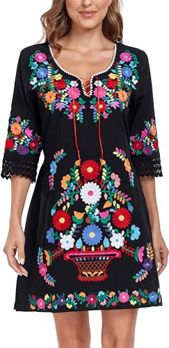 YZXDORWJ Women Mexican Embroidered Fiesta Dress V Neck Dress Short Sleeve3