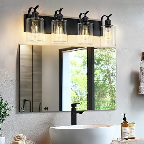 Image of 4-Light Black Bathroom Light Fixture Over Mirror, Modern Vanity Light, Clear Glass Wall Sconce, VL01BK-4