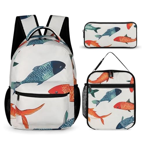Colorful Japanese Fish Funny Backpack Set Lunch Bag Pencil Case Makeup Bag 3 in 1 for Men Women Travel