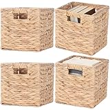 4 Pcs 9 Inch Wicker Cubes Storage Bins - Woven Water Hyacinth Storage Baskets, Foldable Bins with Handles, Collapsible Square Containers for Shelves, Closets, 8.7×8.7×8.7'