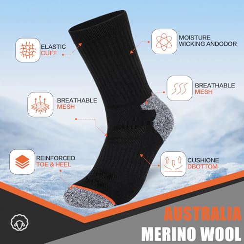Men's Merino Wool Crew Work Socks, 3 Pairs Moisture Wicking Athletic Socks for Hiking Sports Running3