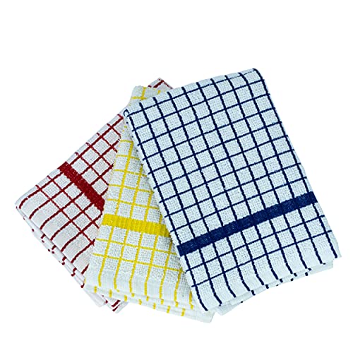 Sami Studios Large Terry Kitchen Cloth Cotton for Home , Soft & Absorbent Hand Towel for Kitchen Cleaning & Quick Drying of Plates & Glasses, 35 x 35 cm, Mellow Checked Terry Mixed Colors Set of 3