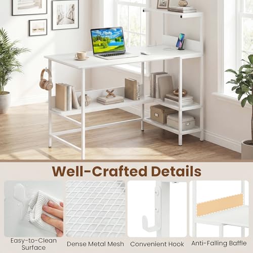 Image of Tangkula 48 inch Reversible Computer Desk with Bookshelves, Home Office Desk with Power Outlets, Hook and Storage Shelves, Writing Study Desk for Living Room, Study Room, Office (White)