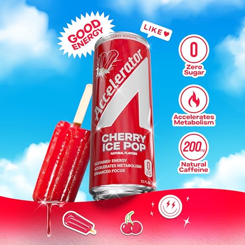 Image of Accelerator Active Energy Drink, Cherry Ice Pop 12oz can (12 pack) | Zero Sugar, Sustained Energy from 100% Natural Caffeine (200mg from Green Coffee Bean & Green Tea extract)