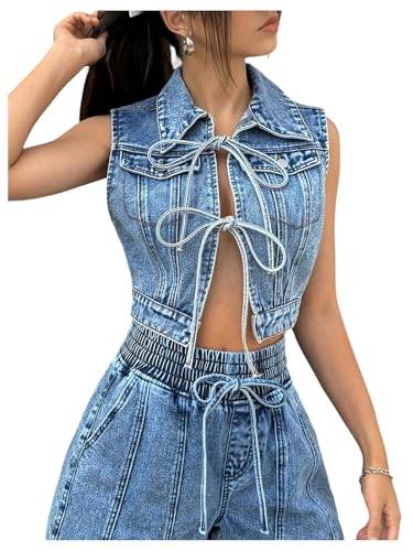 MakeMeChic Women's Denim Jacket Bow Tie Front Collared Sleeveless Y2k Crop Jean Vest