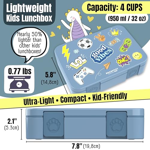 Image of BEARFOOT Kids Lunch Box with Compartments - Compact & Lightweight | Leak-Proof, BPA-Free, Dishwasher Safe | Hand-Drawn Design for Preschool, School, Travel (Sticker Blue, 4 Cups) | BPA Free Leakproof Lunch Box with Compartments School & Nursery for Girls & Boys Lightweight & Compact