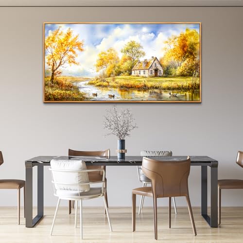 ERQINHUA Large Wall Art For Living Room Canvas Wall Decor For Bedroom Office Dining Room Yellow Pastoral Creek Landscape Painting Prints Pictures Farmhouse Home Wall Decoration 30"x60" Wood Frame