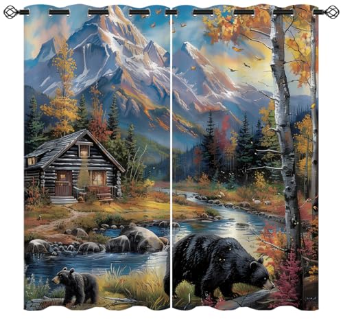XINBADU Rustic Forest Cabin Blackout Curtains for Girls Boy Home Decor, Country Farmhouse Bear Grommet Thermal Insulated Drapes Darkening Window Curtain for Bedroom Living Room, 72 x 63 Inch