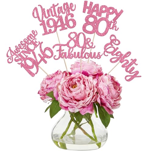 Image of 15 PCS 80th Birthday Centerpiece Sticks Glitter Eighty Happy 80 Vintage 1946 Table Flower Centerpieces Sticks Cheers to 80 Fabulous Floral Decorations for 80th Birthday Party Supplies Pink