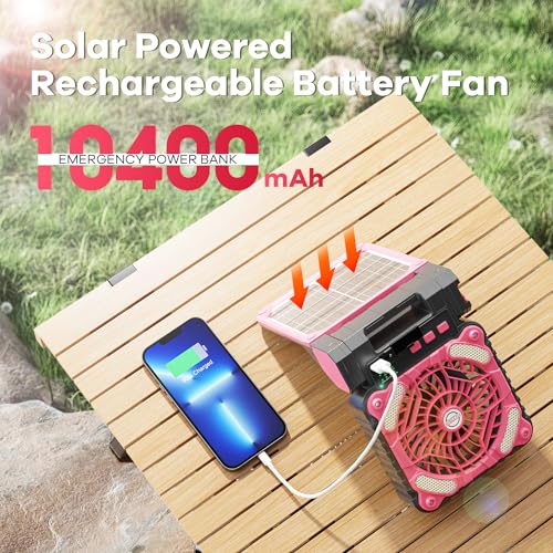 Solar-Powered-Fan-for-Camping-10400mAh-Rechargeable-Battery-Operated-Portable-Fan-with-LED-Lantern-4-Speeds-Powerful-Wind-and-3-Timer-Table-Fan-for-PicnicTravelBarbeque-Bedroom