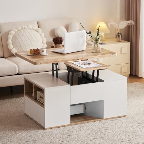 LINKHOO Table Basse multifonctionnelle relevable, Plateau de s'ouvre sur 2 Tables, Deux tiroirs, Grande capacité, Table à Manger de Bureau Loisirs...