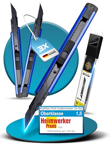 3 x Cuttermesser klein Profi Set (Alu Gehäuse) - inkl. 13x SK5 Carbonstahl Klingen 9mm extra scharf mit 30 Grad Spitze - Cuttermesser 9mm Set - Teppichmesser 9mm - Cutter Messer - Kattermesser Metall