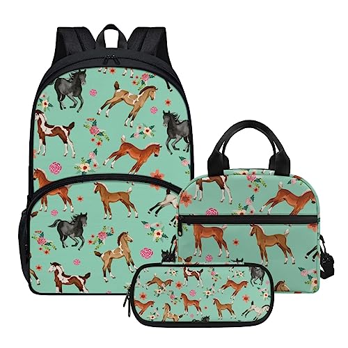Cute Girls Backpack with Lunch Box Pencil Case Multi Pockets Large Green Floral Horse School Backpack and Lunch Bag Set for Girls Student Lightweight Basic Comfy Book Bag 17 Inch